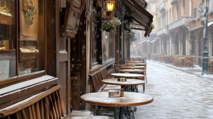 Wall Mural - A row of wooden tables and chairs on a snowy street