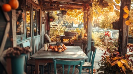 Canvas Print - A wooden table and chairs on a porch