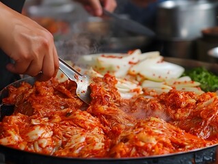 Wall Mural - Spicy Kimchi Stir-Fry in a Wok