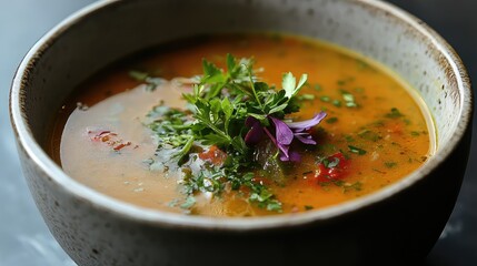 A beautifully presented bowl of farm-fresh organic soup with visible chunks of locally sourced vegetables and herbs