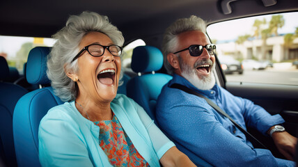 A Portrait of smiling elderly senior couple driving car and travle with happy and smile. Retirement couple