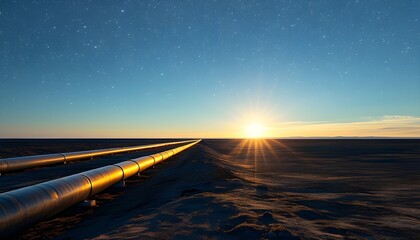 Wall Mural - Endless industrial pipelines glistening in sunlight across a barren landscape beneath a tranquil evening sky