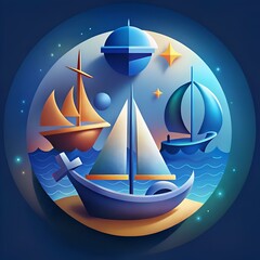 A vibrant 3D icon depicting three sailboats on a serene ocean background. perfect for representing travel. adventure. and maritime themes.