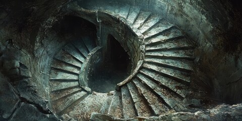 Poster - Overgrown Stone Spiral Staircase Leading Downward