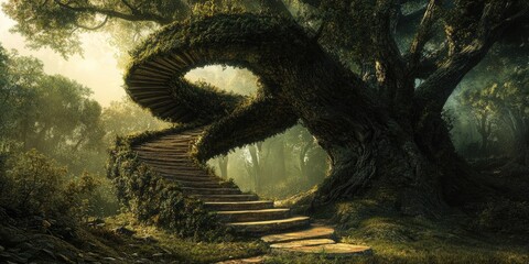 Canvas Print - A winding stone staircase leading through a mossy archway in a dense forest.