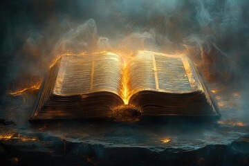 Wall Mural - dramatic illuminated bible pages ruffling with golden light hovering over an ancient stone altar surrounded by swirling mist and shafts of heavenly radiance