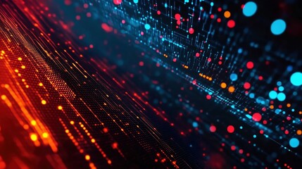 Leinwandbilder - An abstract digital background featuring glowing dots and interconnected lines in vibrant blue, red, and orange colors. This composition represents the concept of big data technology and visualizes th