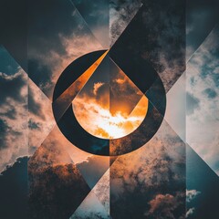 Wall Mural - Geometric abstract collage of sky with a circle and sunset clouds.