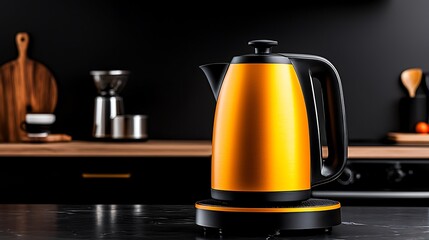 A chic electric kettle with a black and gold design adds elegance to the kitchen counter.