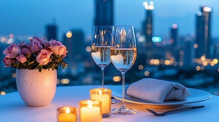 a romantic dinner with candles flickering, framed by the glow of city lights.