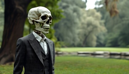 Eerie elegance of a skeleton in a suit amidst tranquil park surroundings