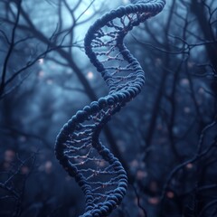 Glowing DNA strand in a dark forest.