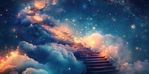 Wall Mural - Wooden Staircase Ascending Through Clouds and Stars