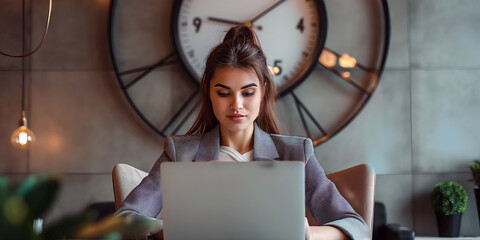 Wall Mural - a businesswoman in a modern office, multitasking with a laptop, smartphone, and a large wall clock b