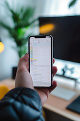 Wall Mural - a hand holding a smartphone with a time management app open on blurred office background.