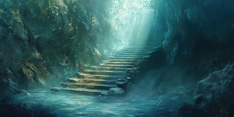 Poster - Stone Steps Leading to a Glimmering Light in a Mossy Cave