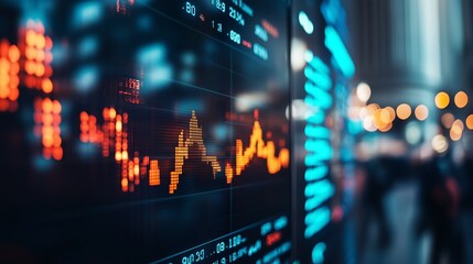 Poster - Dynamic financial market display with fluctuating stock prices and trading activity in a bustling urban setting