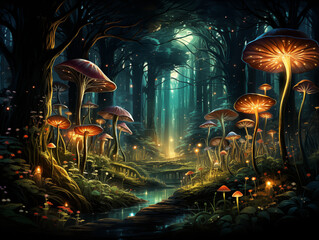 A deep enchanted forest with bioluminescent plants, glowing streams, and mystical creatures