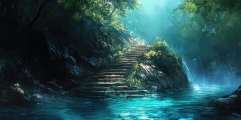 Canvas Print - Stone Steps Leading to Light Through a Lush Forest