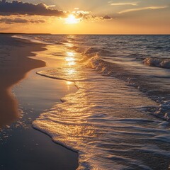 Wall Mural - Golden sunset over the ocean with waves crashing on the shore.