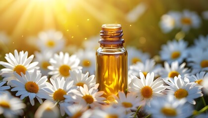 Elegant bottle of oil surrounded by vibrant white daisies, illuminated by warm sunlight, showcasing natures beauty and purity