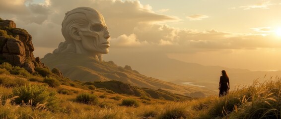 Wall Mural - A serene landscape featuring a large statue alien head in the foreground, a person standing nearby, and a vibrant sunset sky. The scene captures the contrast between human art and nature’s beauty.