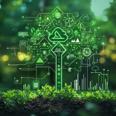 Poster - Green technology tree with cloud computing in a forest.