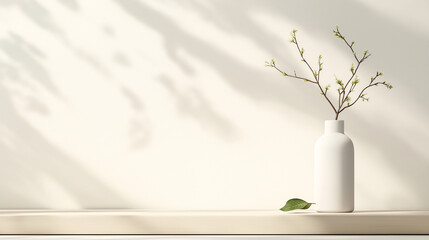 Poster - A white vase with a leaf in it sits on a shelf