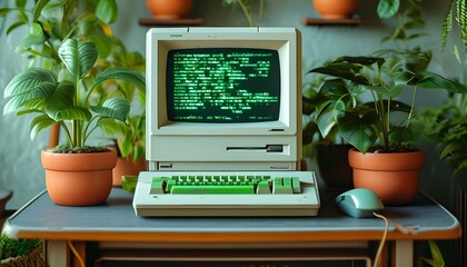 Nostalgic tech ambiance with retro computer displaying green code, set between two potted plants on a table