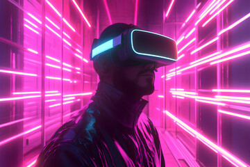 Poster - A person wearing a VR headset in a futuristic, neon-lit environment.