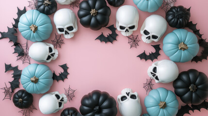 Wall Mural - Flat lay illustration showcases a pink Halloween theme with 3D cartoon blue pumpkins and spooky skulls, bats, spider web