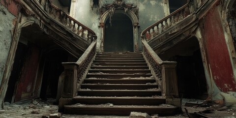 Canvas Print - A Stairway Leading Upwards in a Fire-Damaged Mansion