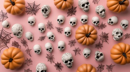 Wall Mural - Flat lay illustration with pink Halloween theme with 3D cartoon orange pumpkins and spooky skulls, bats, spider web
