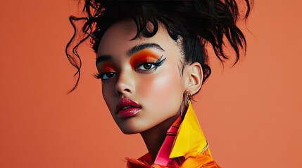 A high-fashion editorial-style photo of a model wearing avant-garde clothing with bold makeup and a striking hairstyle.