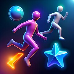 dynamic 3d icons depicting two figures sprinting towards a glowing star. perfect for game interfaces