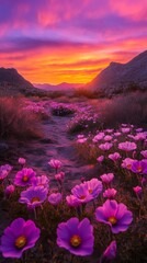 Canvas Print - Vibrant cosmos flowers blooming under a mountain sunset