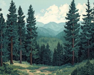 Poster - Pine tree forest landscape scene