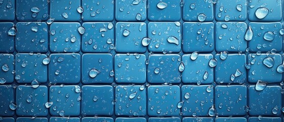 Poster - Blue tile background with water droplets 2D cartoon illustration style