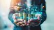 © Phoenix AI Photo - A business professional presents digital coins with a financial data overlay, symbolizing wealth management and investment strategies.