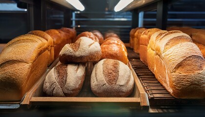 Closeup of freshly baked bread loaves on display.