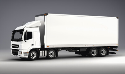 A white box truck is parked on a gray background