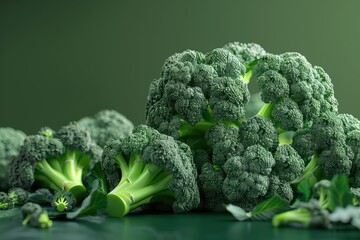 Fresh broccoli clusters on a green background, showcasing vibrant color and texture, ideal for health and cooking themes.