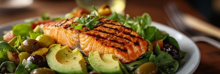 Grilled salmon on salad with olives, avocado, and greens. Great for carnivore or keto diet plans.