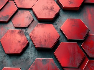 Poster - red steel hexagons on a metal background featuring both 2d and 3d cartoon illustrations
