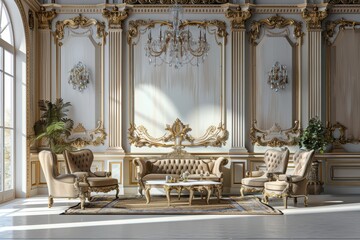 Wall Mural - Luxurious vintage interior design featuring ornate furniture, elegant chandelier, and sophisticated decor in a bright, spacious room.