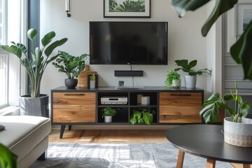 Black and wood TV stand with two doors in modern living room with white walls, carpet, sofa, lamps, and flat screen TV.