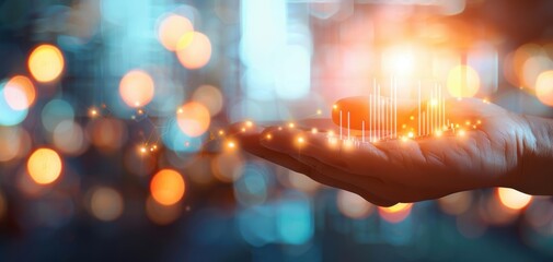 Poster - A hand holds glowing data visualizations, symbolizing technology and innovation in the digital age with a vibrant bokeh backdrop.
