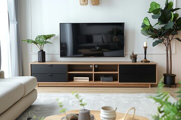 Black and wood TV stand with two doors in modern living room with white walls, carpet, sofa, lamps, and flat screen TV.