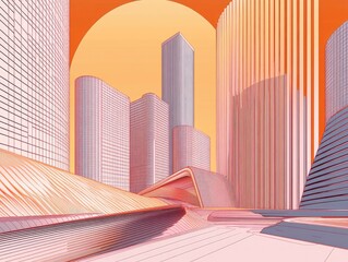 Poster - 3D linear illustration depicting modern architectural designs and urban structures set against an abstract background