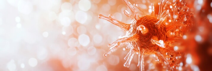 Poster - Detailed red virus with sharp spikes, floating against a blurred white background. Highlights viral mutation and contagious disease.